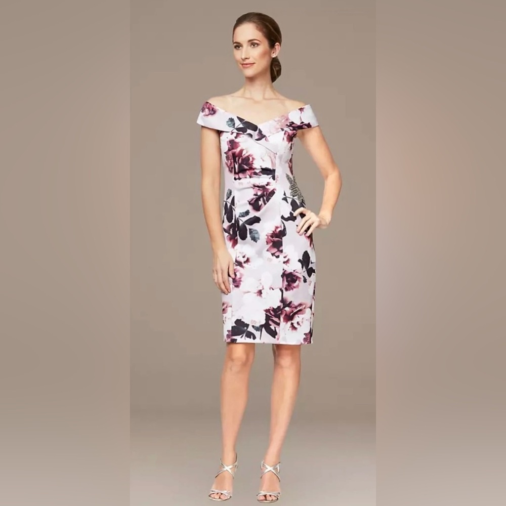 Alex Evenings Off-Shoulder Floral Midi Dress - White and Purple